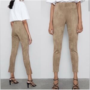 Zara Cropped Tan Skinny Pants Faux Suede Stretch Size S